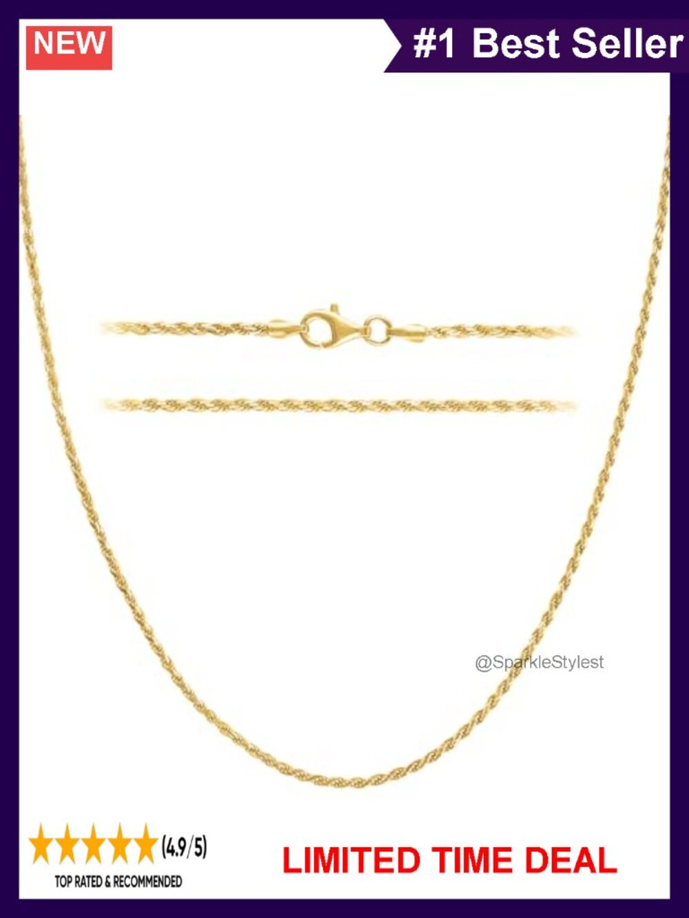 18K Gold Plated 925 Sterling Silver Rope Chain Necklace